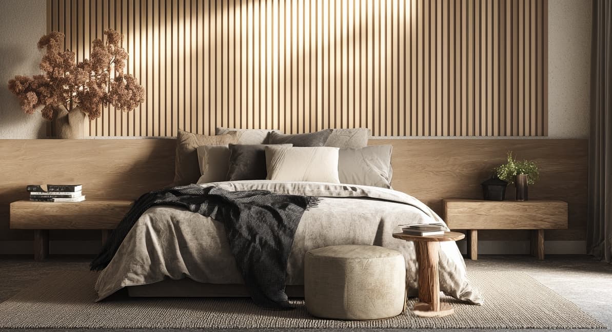 Japandi style bedroom with vertical wooden slats behind headboard