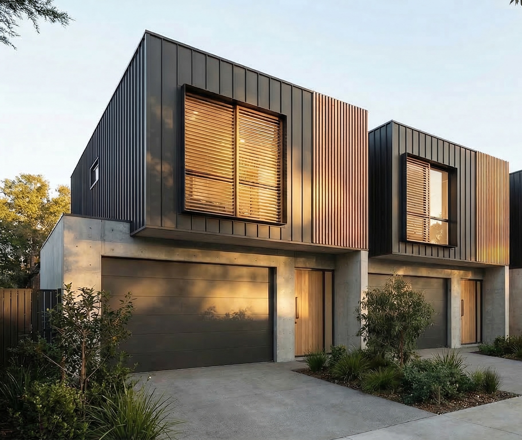 modern town house desi with large windows, wood slat accents and flat roof