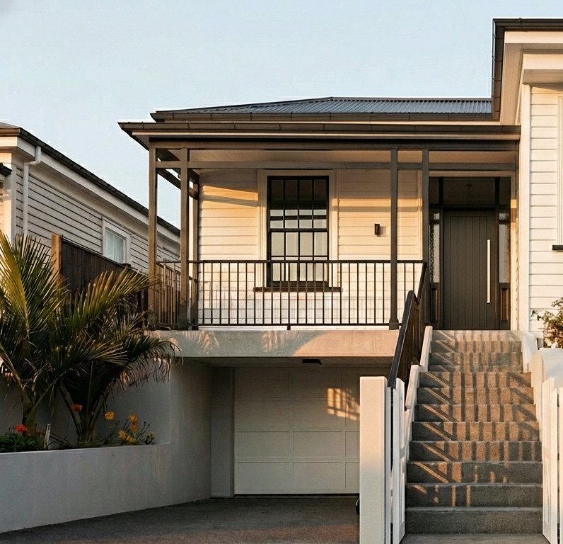 Raised white-weatherboard house with a front verandah, black railing, exterior stairs leading up from the driveway, and a garage beneath the main level.