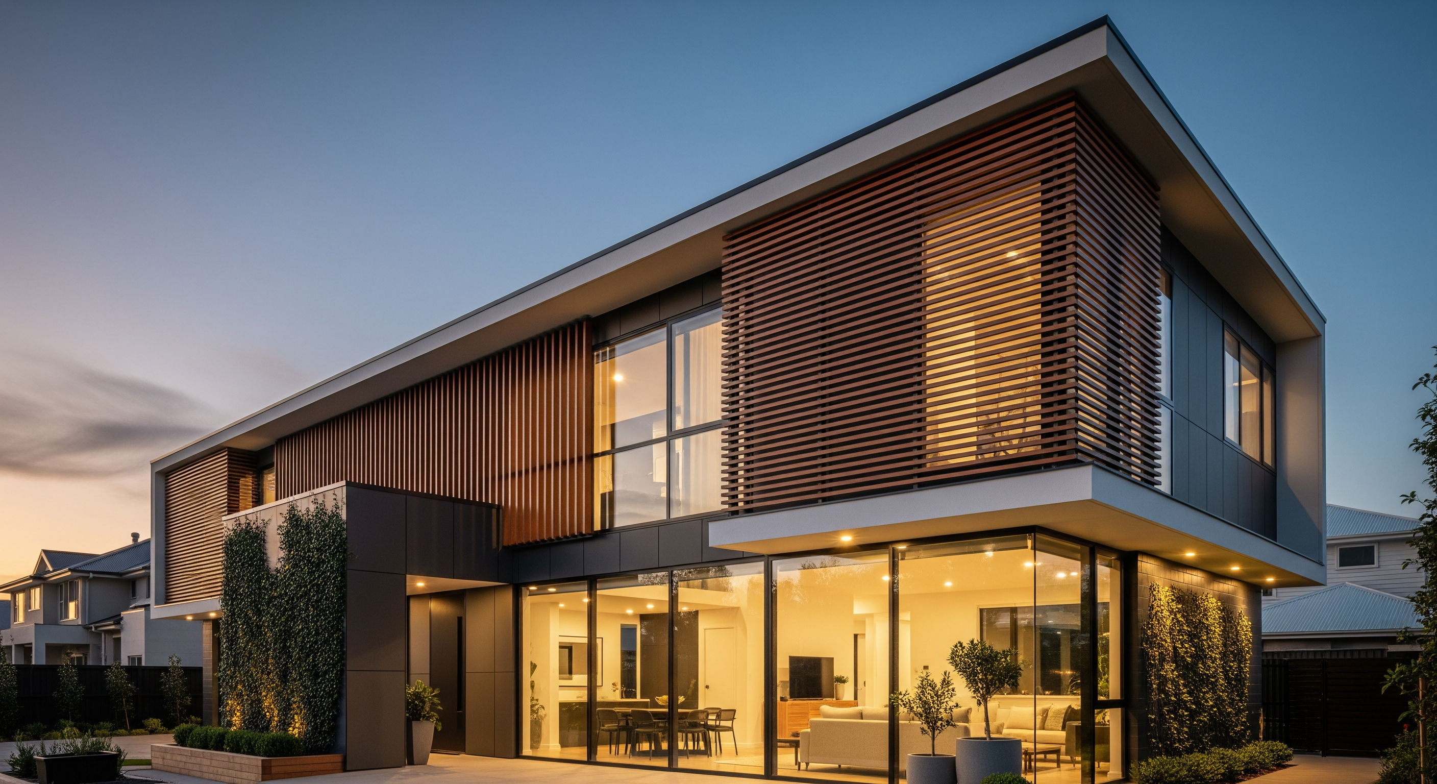 architectural modern house with geometeric walls timber and box-like extension, foilage greenery accents, set in suburbia