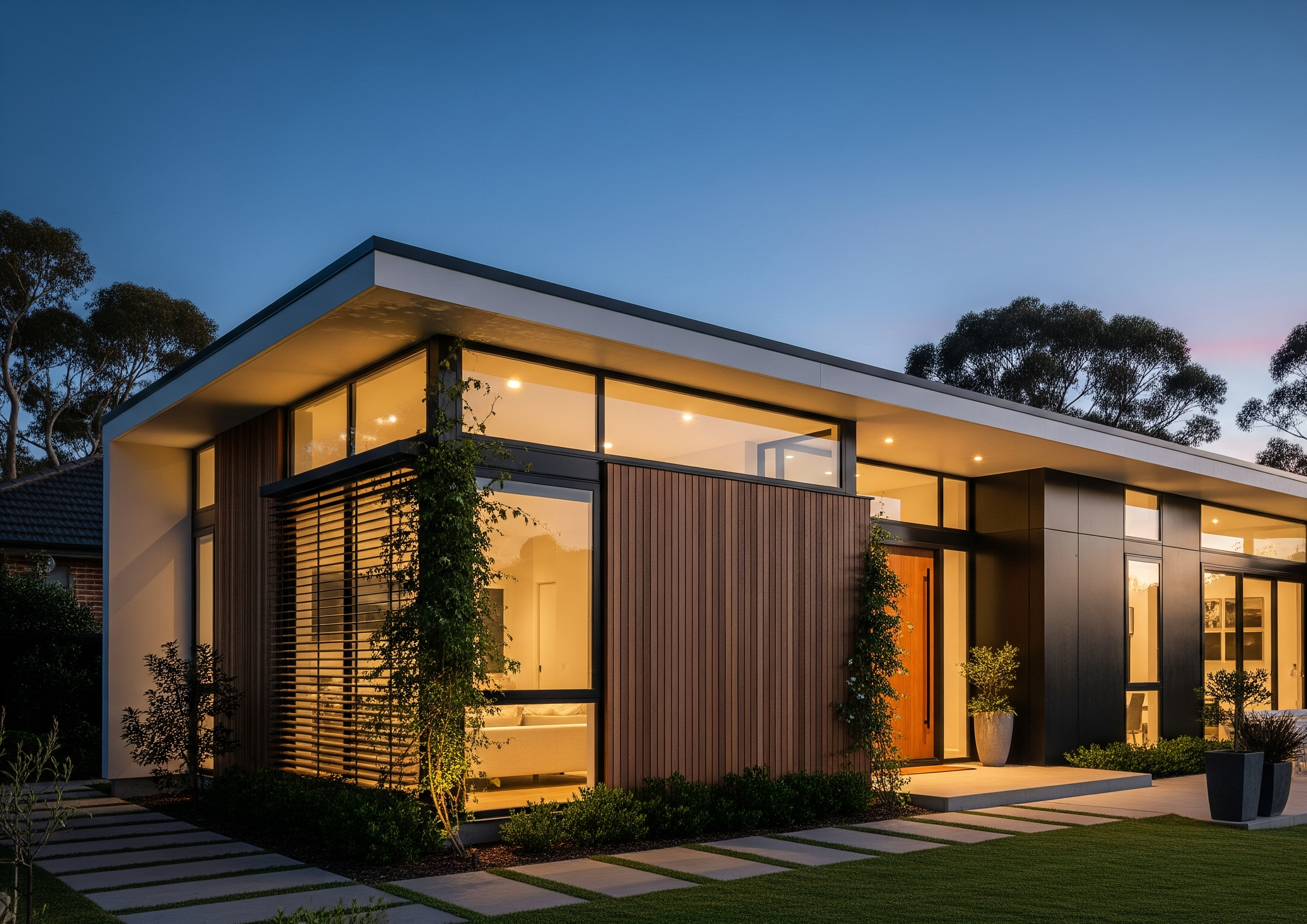 modern residence with large windows, wood slat accents and flat roof