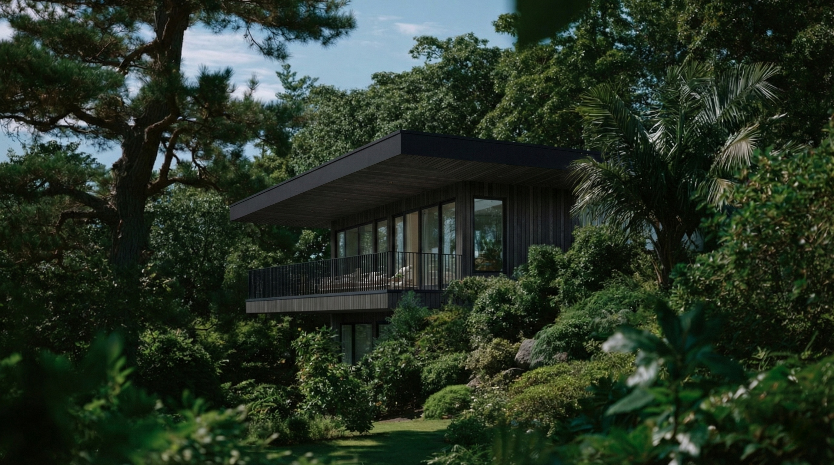 contemporary double storey holiday home with shou sugi ban cladding and lush greenery