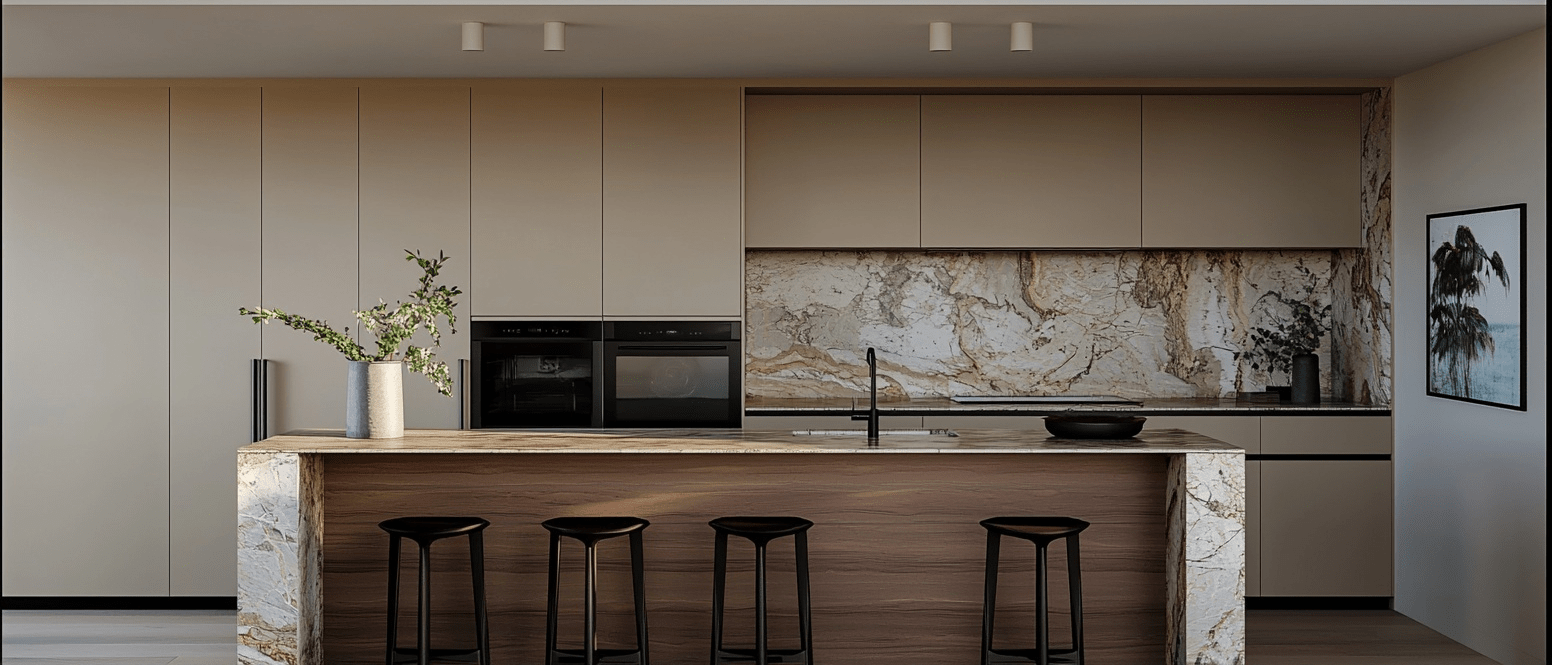 Japandi style kitchen with minimalist design, light wood cabinetry, and sleek black fixtures