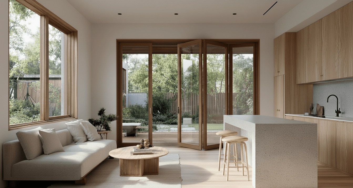 modern japandi kitchen living area