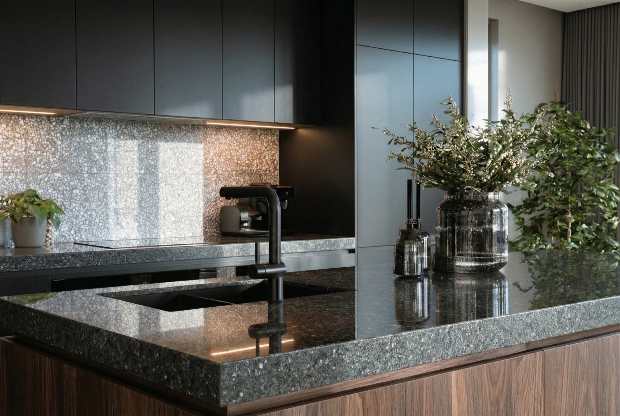 Matte black kitchen cabinets with modern design and sleek handles