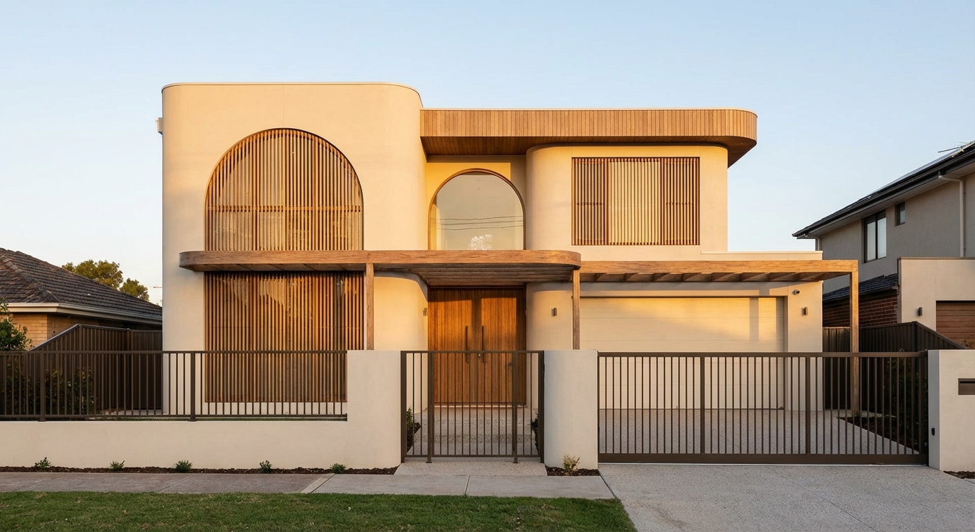 modern residence with large Arch windows and wood slat accents