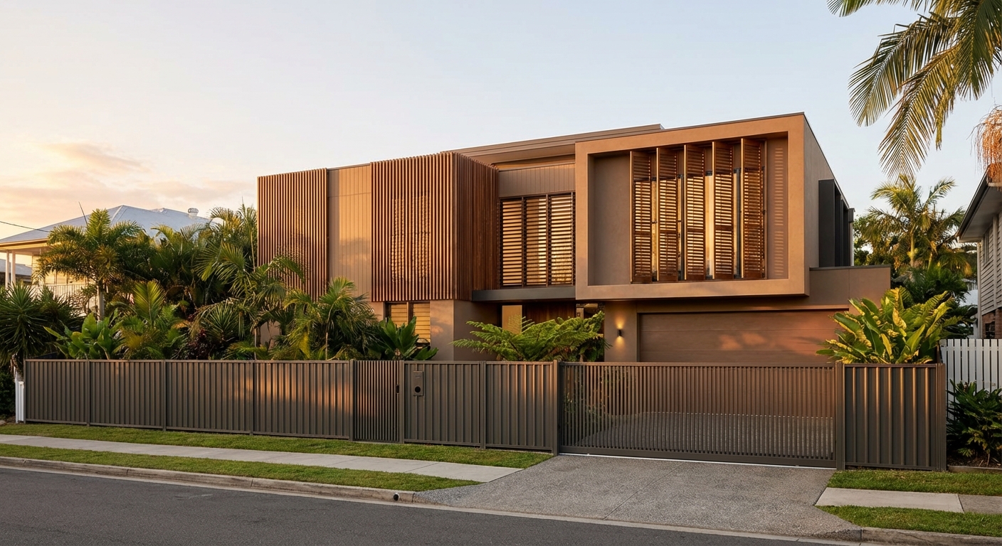 architectural modern house with geometeric walls timber and box-like extension, foilage greenery accents, set in suburbia