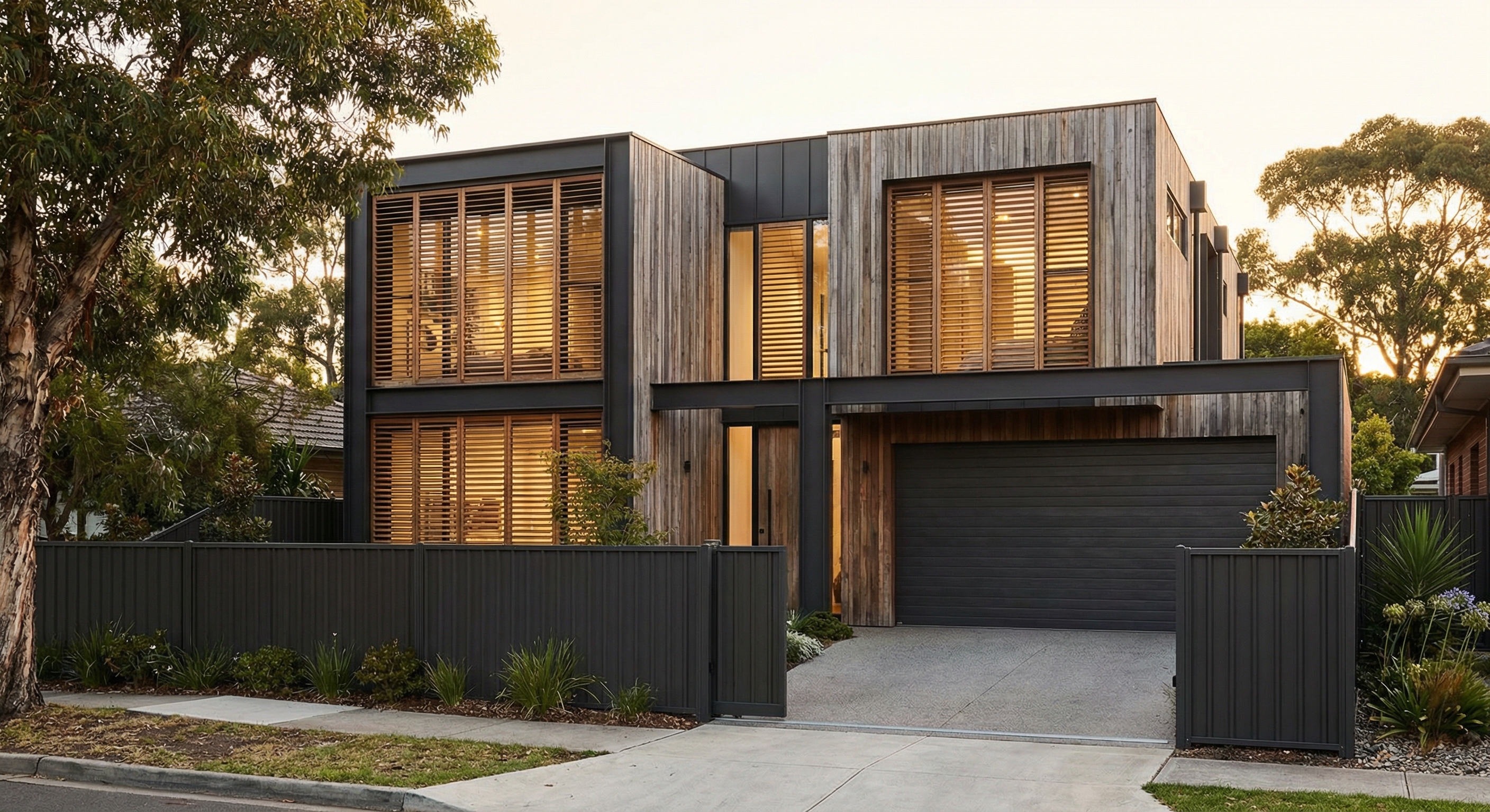 architectural modern house with geometeric walls timber and box-like extension, foilage greenery accents, set in suburbia