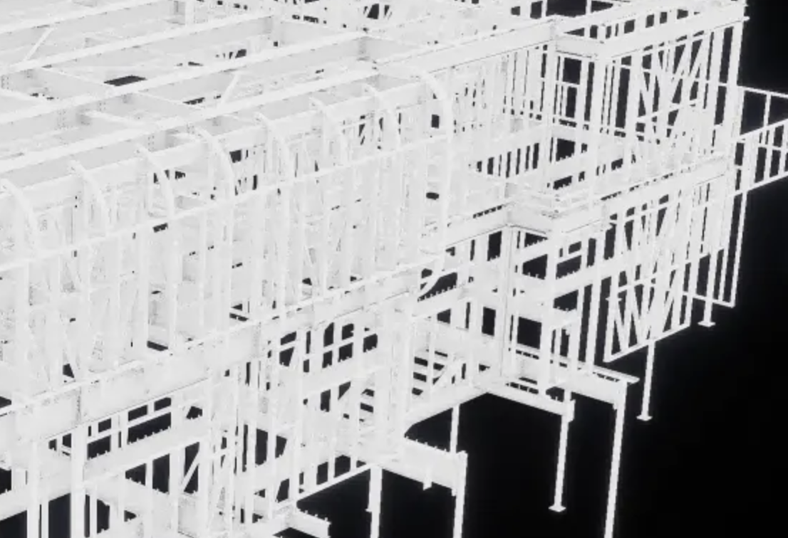 Detailed 3D architectural rendering of a house frame.