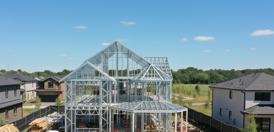Drone shot of a steel framed house